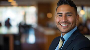 profissional homem de negocios sorridente dentro moderno escritório meio Ambiente para corporativo usar, promovendo diversidade e positivo local de trabalho cultura foto