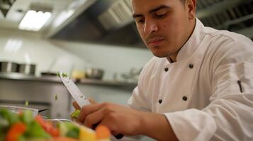 uma chefe de cozinha dentro uniforme fatiamento ingredientes dentro uma cozinha foto