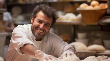 feliz homem sorridente e amassar massa às padaria, partilha alegria com clientes foto