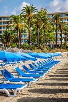 área coberta cadeiras sobre a areia dentro uma idílico de praia dentro Ibiza, balear ilhas, Espanha foto