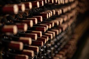 linha do vinho garrafas em uma de madeira estante dentro uma vinho porão foto