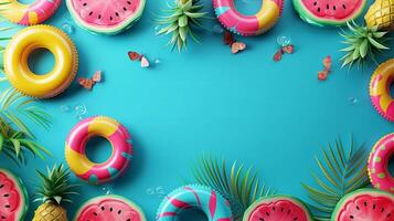 topo Visão do verão fundo com inflável natação argolas, Melancia e abacaxi em azul cor. verão período de férias feriado conceito foto