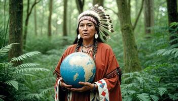 mundo meio Ambiente dia conceito nativo americano mulher segurando uma globo dentro uma floresta foto