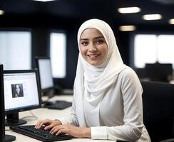 uma feliz sorridente muçulmano jovem árabe mulheres dentro hijab trabalhando dentro a escritório foto