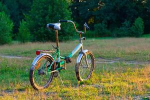 a bicicleta carrinhos em uma gramado iluminado de a Sol contra a fundo do árvores foto
