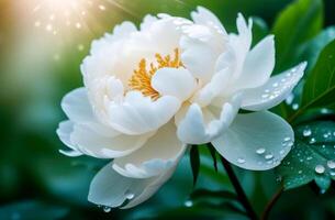 adorável delicado branco peônia flor dentro gotas de chuva, orvalho foto