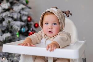 retrato do gordo bebê dentro uma macacão com veado chifres senta dentro uma branco Alto cadeira perto Natal árvore foto