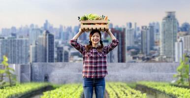 ásia mulher jardineiro é colheita orgânico vegetal enquanto trabalhando às telhado urbano agricultura futurista cidade sustentável jardinagem em a limitado espaço para reduzir carbono pegada e Comida segurança foto