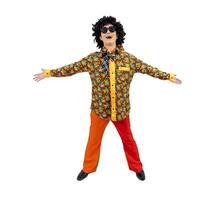 ásia hippie homem vestir dentro anos 80 vintage moda com colorida retro funk discoteca roupas enquanto dançando isolado em branco fundo para chique equipamento festa e pop cultura conceito foto