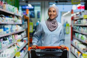 retrato do bem sucedido satisfeito mulher comprador dentro supermercado, alegre muçulmano mulher dentro hijab com compras carrinho entre prateleiras com bens olhando às vários lojas. foto