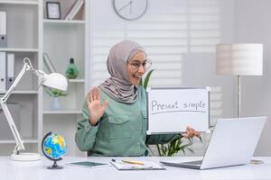 sorridente muçulmano educador ondas enquanto ensino Inglês on-line, exibindo 'presente simples' em uma quadro branco dentro uma cheio de luz, organizado escritório espaço. foto