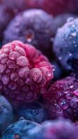 uma lindo fechar acima fotografia do fruta, com framboesas, amoras e Amora silvestre, estúdio tomada. Alto qualidade foto