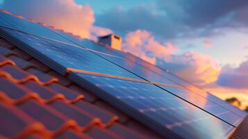 fotovoltaico painéis em a cobertura . cobertura do solar painéis. Visão do solar painéis , solar célula dentro a cobertura casa com luz solar. Alto qualidade foto