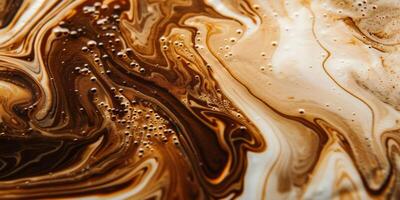 fechar acima abstrato Castanho caramelo formas café com leite arte dentro café. líquido textura café fundo macro. cappuccino e leite espuma fechar acima visualizar. Alto qualidade foto