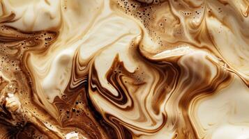 fechar acima abstrato Castanho caramelo formas café com leite arte dentro café. líquido textura café fundo macro. cappuccino e leite espuma fechar acima visualizar. Alto qualidade foto