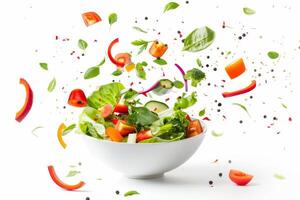 vôo vegetal salada ingredientes sobre transparente e branco tigela. vitaminas e saudável comendo conceito. Alto qualidade foto