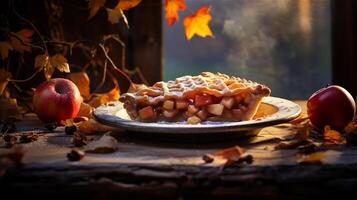 maçã torta em rústico mesa com outono folhas. caseiro pastelaria, doce Comida. Ação de graças sobremesa. foto