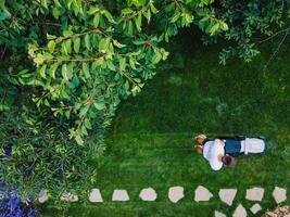 caucasiano homem empurrando gramado cortador de grama para corte verde Relva dentro jardim com luz solar às verão temporada. aéreo visualizar. tarefas domésticas e estilo de vida conceito. foto