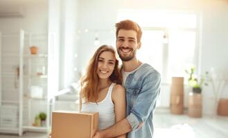 uma jovem casado casal com cartão caixas movimentos para dentro uma Novo casa. feliz homem e mulher dentro uma luz branco esvaziar quarto foto