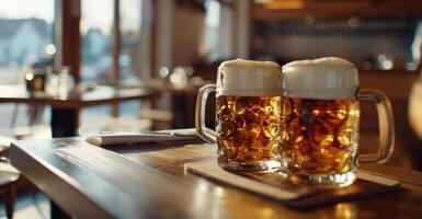 dois canecas do Cerveja em a mesa dentro uma luxo bar. foto