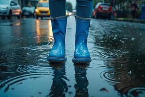 pessoas pés estão vestindo azul botas. lá estão ampla poças em a cidade estradas depois de pesado chuva. frente foto do pernas