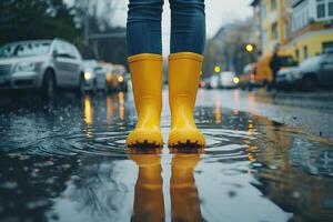 pessoas pés estão vestindo amarelo botas. lá estão ampla poças em a cidade estradas depois de pesado chuva. frente foto do pernas