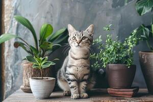 lindo cinzento gato senta em mesa e lá estão muitos plantas por aí ele foto