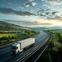 moderno caminhão em a rodovia entrega carga. lindo panorama em a fundo. logística e importar exportação conceito foto