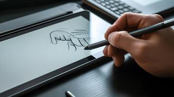 digital artista segurando a desenhando caneta e trabalhando com gráficos tábua. foto