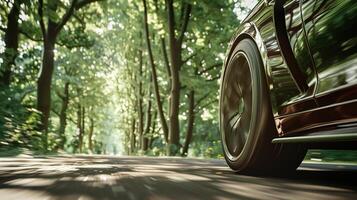 carro é dirigindo às Alto Rapidez ao longo estrada dentro a floresta. a efeito do Rapidez é transmitido de embaçamento em torno da objetos e a carro roda foto