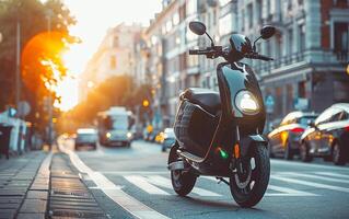 Preto elétrico ciclomotor em cidade ruas. conveniente e velozes transporte para comovente por aí grande cidade. foto