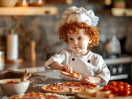 uma ruivo, encaracolado pequeno Garoto dentro uma chef roupas é Aprendendo para cozinhar pizza dentro a cozinha. estético foto fechar-se