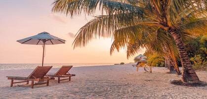 surpreendente pôr do sol de praia casal cadeiras arenoso de praia mar Palma. verão amor panorâmico período de férias recorrer romântico natureza. inspirar tropical panorama. tranquilo cena relaxar de praia lindo lua de mel foto