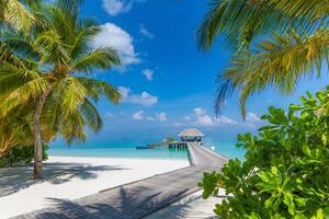 panorama incrível em maldivas. luxo resort vilas vista do mar com palmeiras, areia branca e céu azul. bela paisagem de verão. fundo de praia incrível para férias de férias. conceito de ilha paradisíaca foto