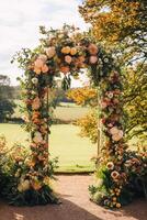 floral decoração, Casamento decoração e outono feriado celebração, outonal flores e evento decorações dentro a Inglês campo jardim, país estilo foto