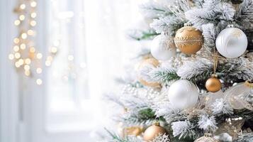 branco Natal árvore decoração para a Inglês país cabana, casa decoração, casa dentro a campo e feriado celebração foto