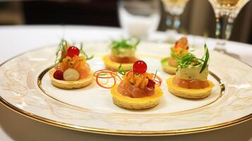 comida, hospitalidade e quarto serviço, iniciante aperitivos Como requintado cozinha dentro hotel restaurante uma la carte cardápio, culinária arte e bem jantar foto