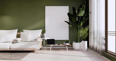 interior minimalista, móveis e plantas de sofá, design moderno de sala verde. Renderização 3D foto