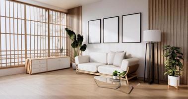 móveis de sofá e maquete de design moderno do quarto renderização minimal.3d foto