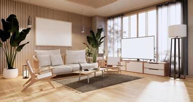 armário na sala de estar com piso de tatame e sofá poltrona design.3d renderização foto