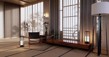 design de madeira do gabinete, interior da sala, estilo japonês moderno. Renderização 3D