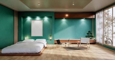 mock up interior com planta de cama zen e decoartion no quarto de hortelã japonesa. Renderização 3D. foto