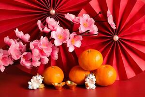 chinês Novo ano do a Dragão festival conceito. mandarim laranja, vermelho envelopes, Dragão e ouro lingote com vermelho papel fãs. tradicional feriado lunar Novo ano. foto