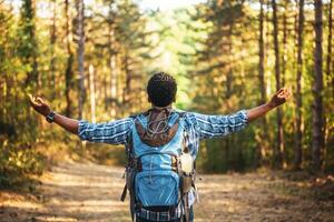 feliz homem caminhante com braços elevado goza dentro a natureza foto