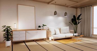 armário na sala de estar com piso de tatame e sofá poltrona design.3d renderização foto