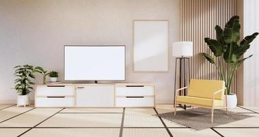 gabinete de design de exibição de madeira na sala de estar minimalista japonesa sala interior, renderização em 3D foto