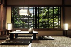 design de interiores, sala de estar moderna com mesa, abajur, piso de tatame, estilo japonês, renderização em 3D foto