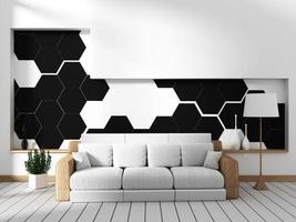 sala com sofá e parede de azulejo hexagonal preto. Renderização 3d foto