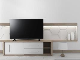 smart tv no gabinete da sala de estar japonesa com plantas no fundo hexagonal da parede, renderização em 3D foto