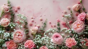 branco flores e verde folhas arranjado dentro coração forma foto